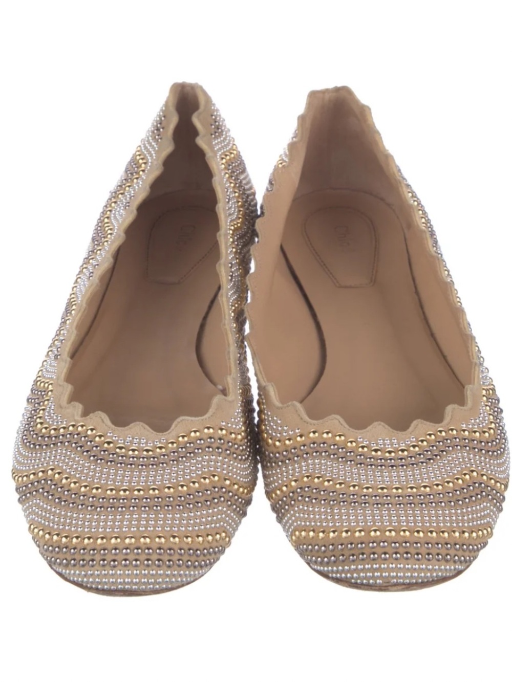 Chloe Lauren Beige Scalloped Rhinestone Ballet Flats with Gold & Silver Studs 38